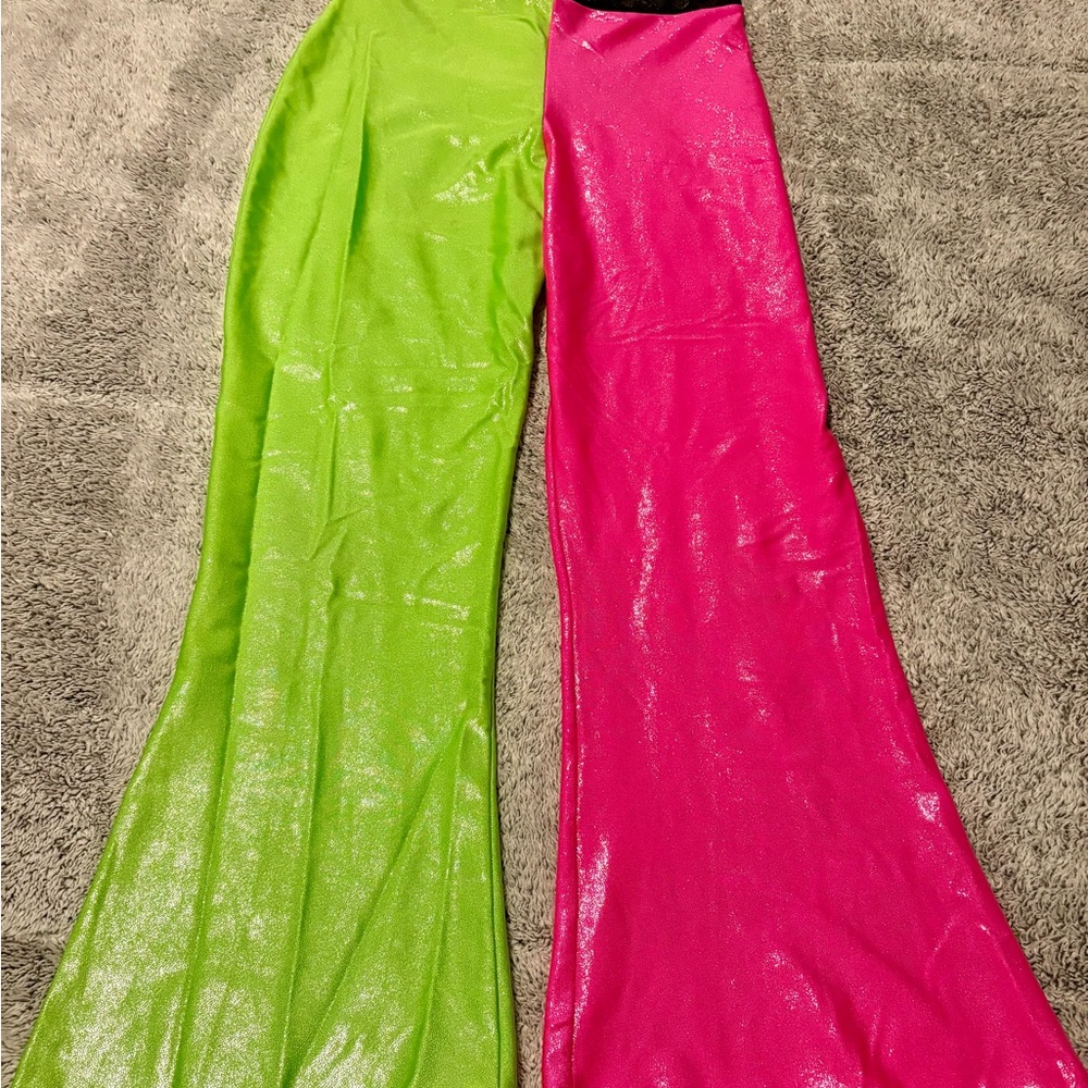 Flared neon green and pink pants